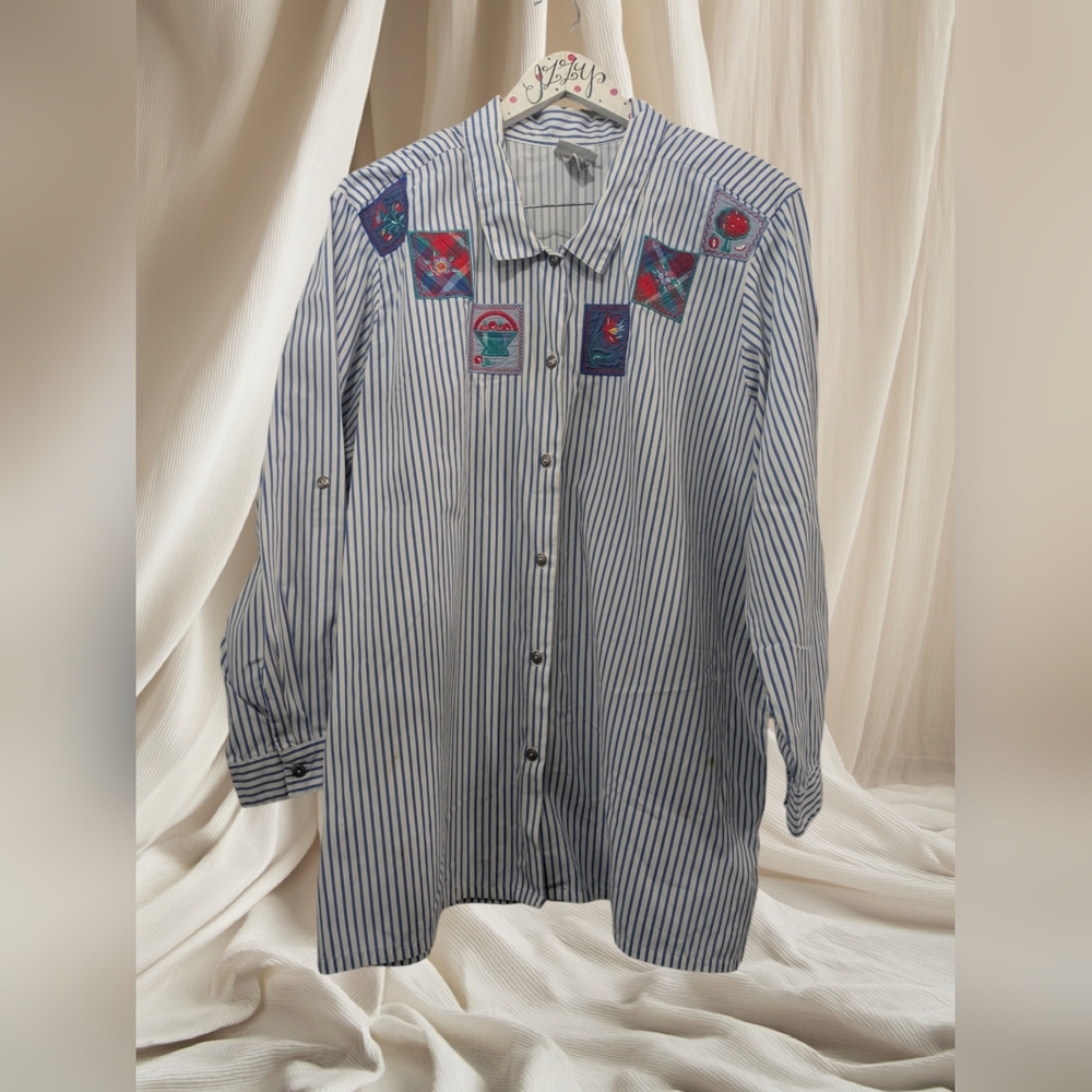 VTG Floral Embroidered Patchwork Striped Buttons Up Shirt By Koret  22W